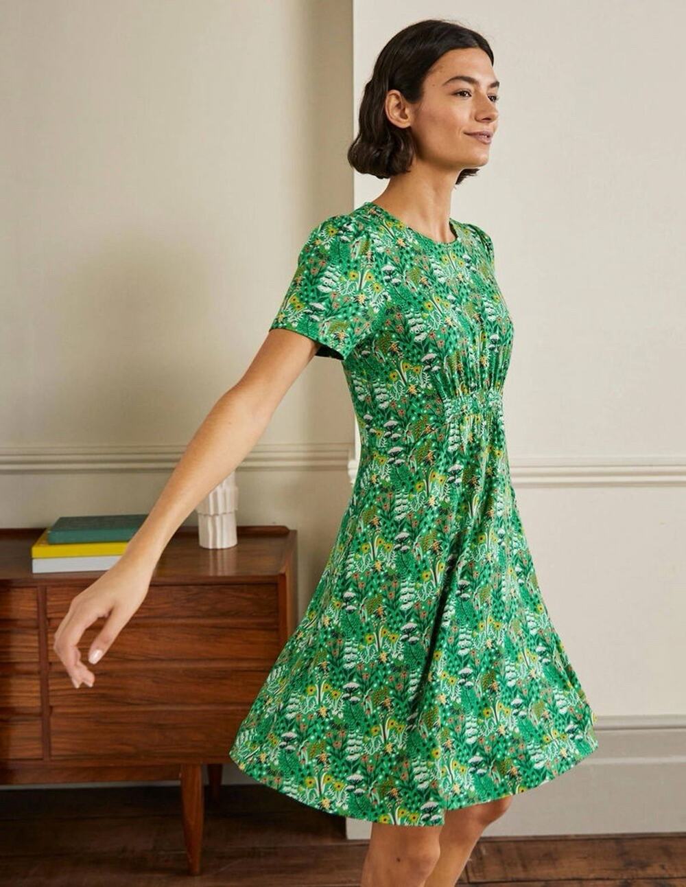 Boden Jersey Dress Women’s 2P Green Floral Crewneck